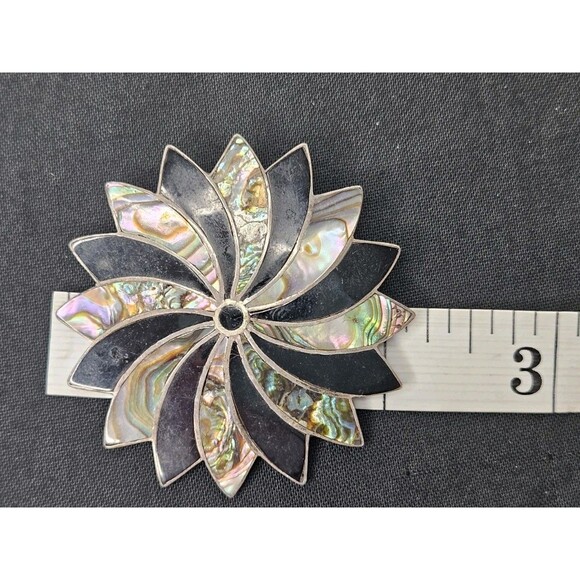 VTG Vintage Inlay Sterling 925 Abalone Black Onyx Pinwheel Flower Pin Brooch - Picture 3 of 3